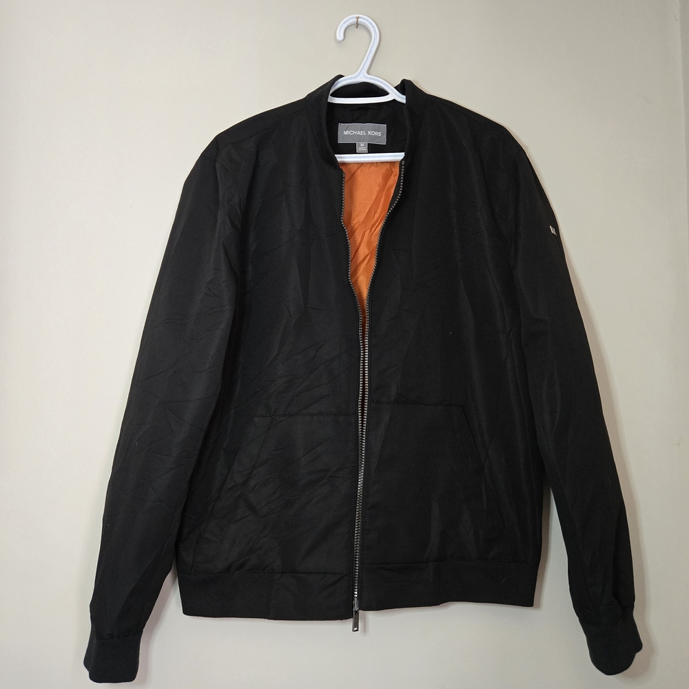 Michael Kors mens jet black varsity bomber jacket, jet black + orange lined, new